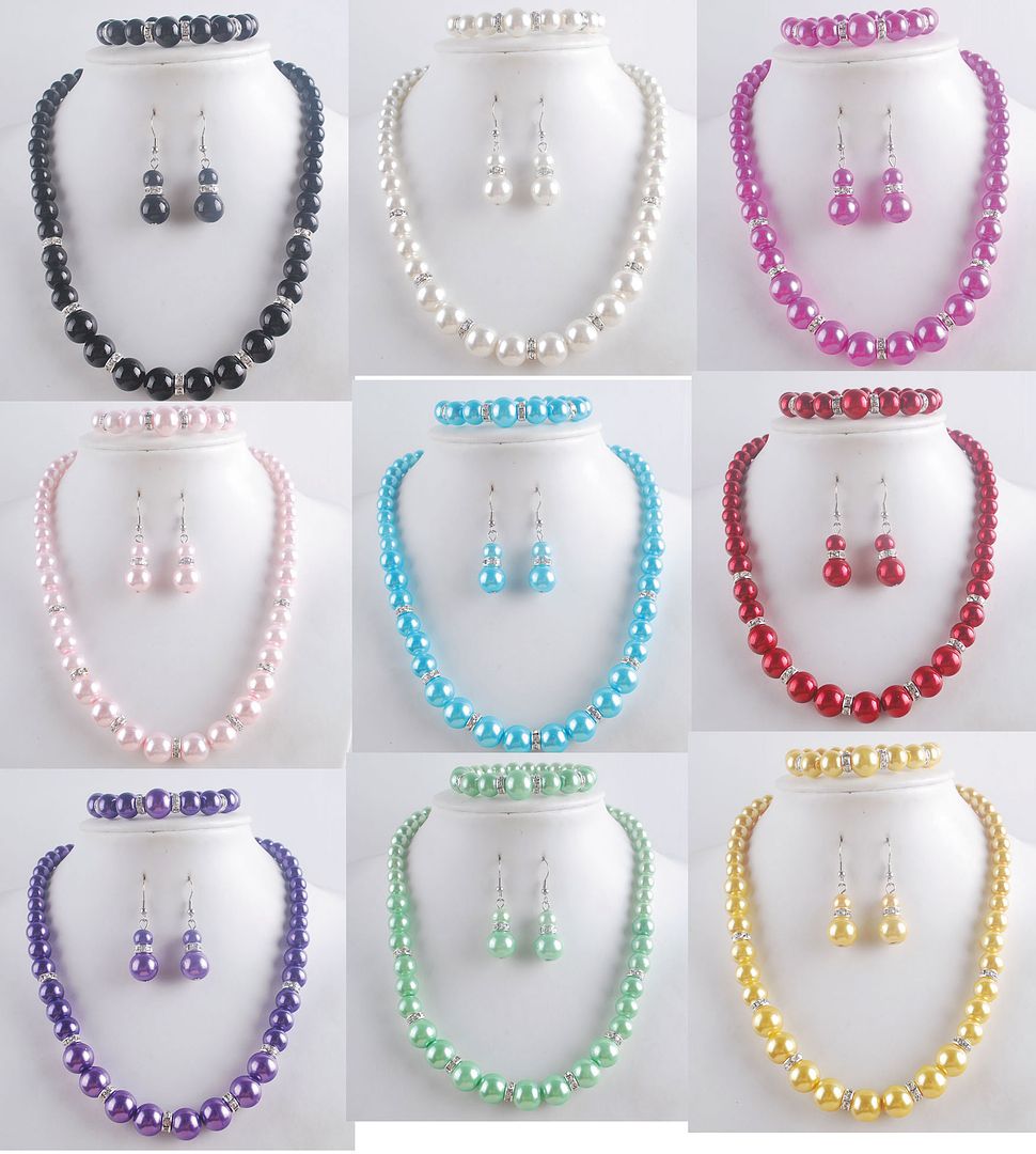 Man-made Pearl Necklace Bracelet Earrings Set 9 Colors